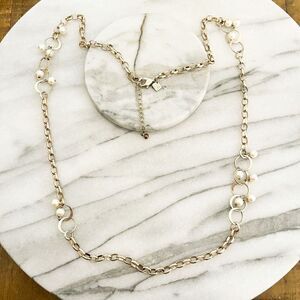 Banana Republic Necklace Pearl Gold Toned‎ Chain Link Long Sophisticated Preppy